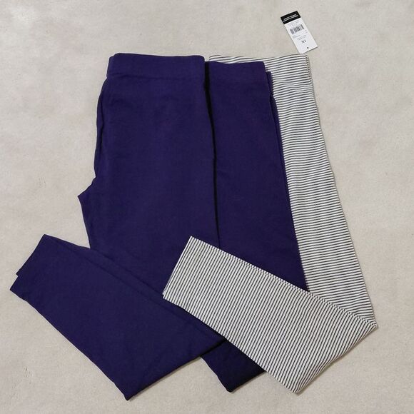 Danskin Plus Size 1X Bundle Of 3 Navy Blue and Grey Striped Leggings NWT - Picture 1 of 10